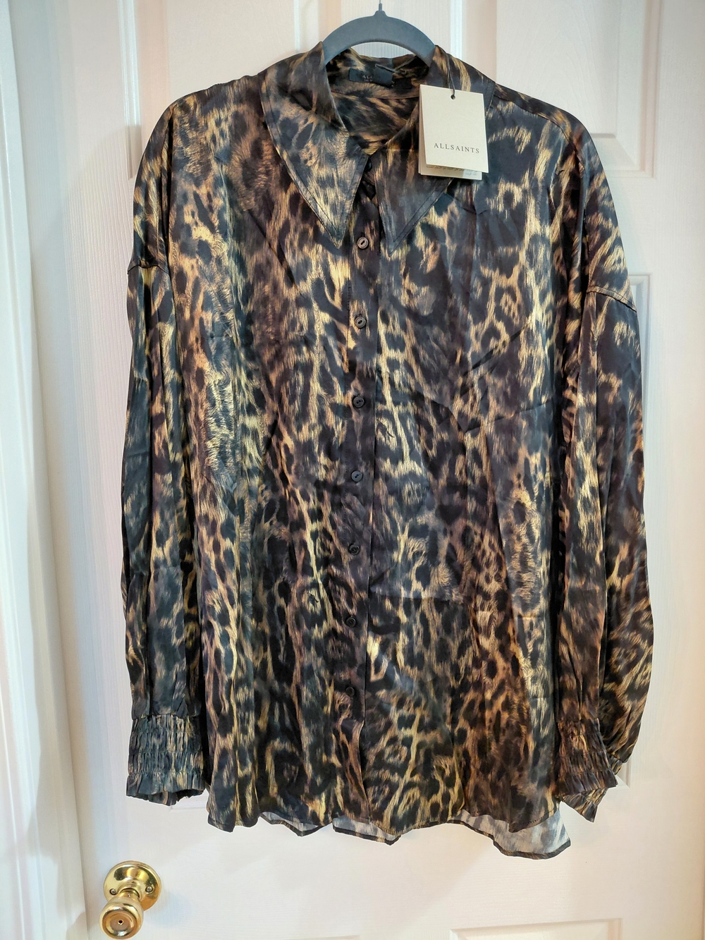 AllSaints Leopard Print Button-Up Blouse in Brown and Black